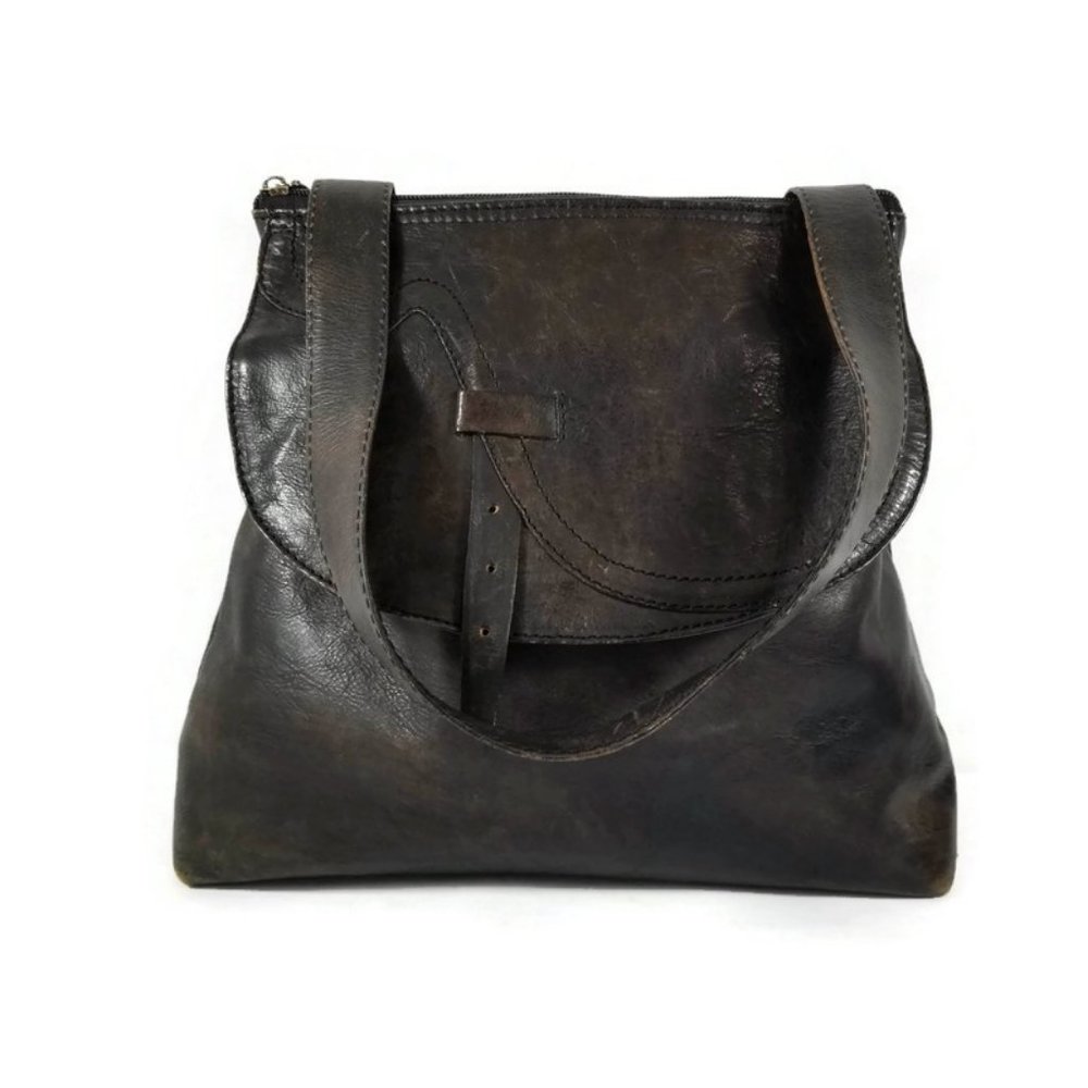 Black Brown Distressed Leather Shoulder Bag